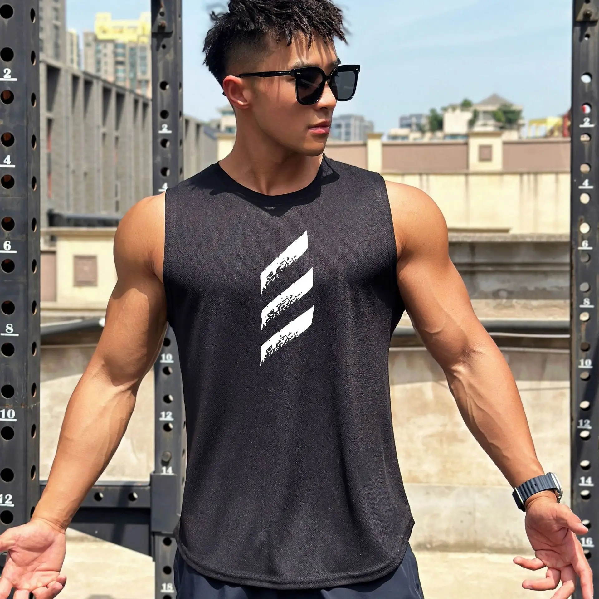 Men Sleeveless Vests White Round Neck Sports Wear - Image 16
