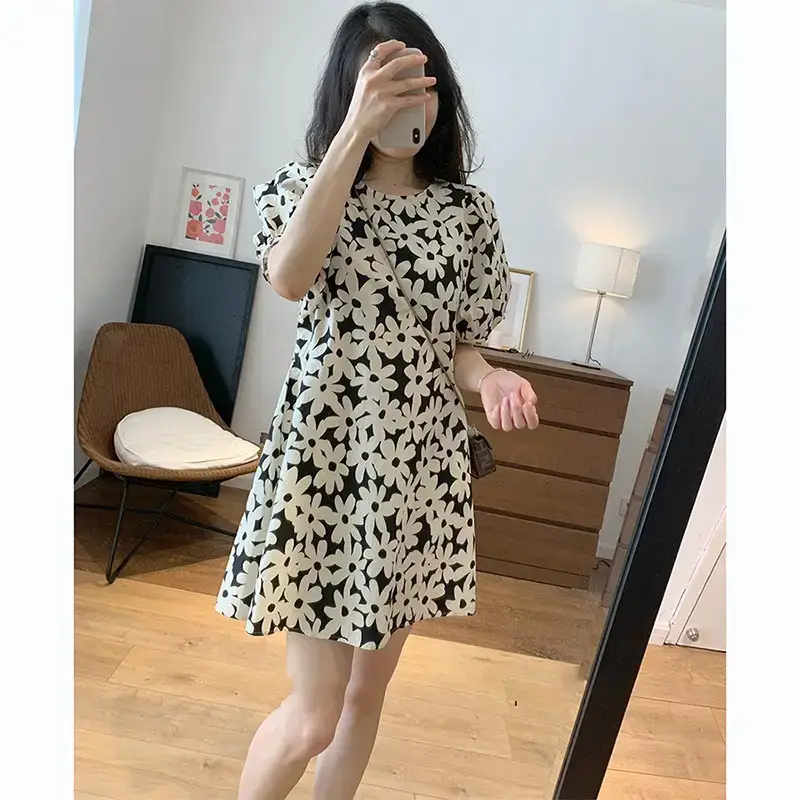 Women Daisy Floral Dress Puff Sleeve Loose A-Line Summer - Image 3