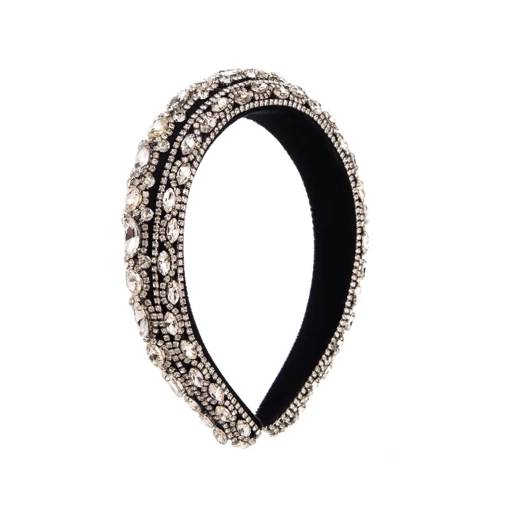 Black Rhinestone Crossbody Hairband with Gold Plated Design
