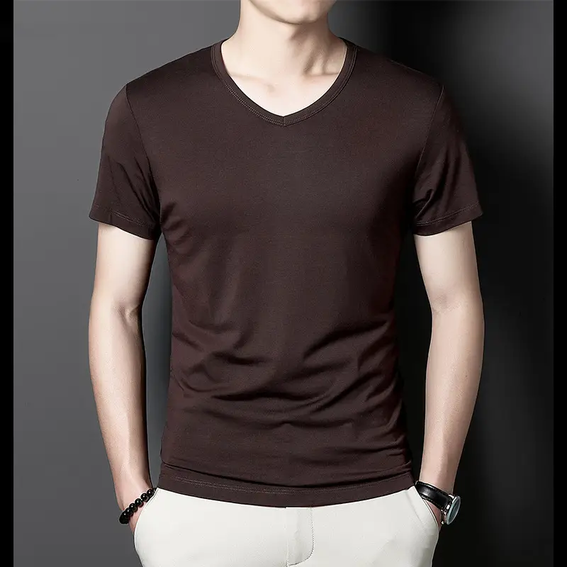 Men V-Neck T-Shirt Brown Modal 2025 - Image 19