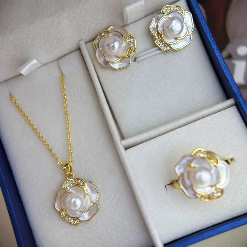 Natural Pearl Earrings S925 Sterling Silver White Camellia High-End