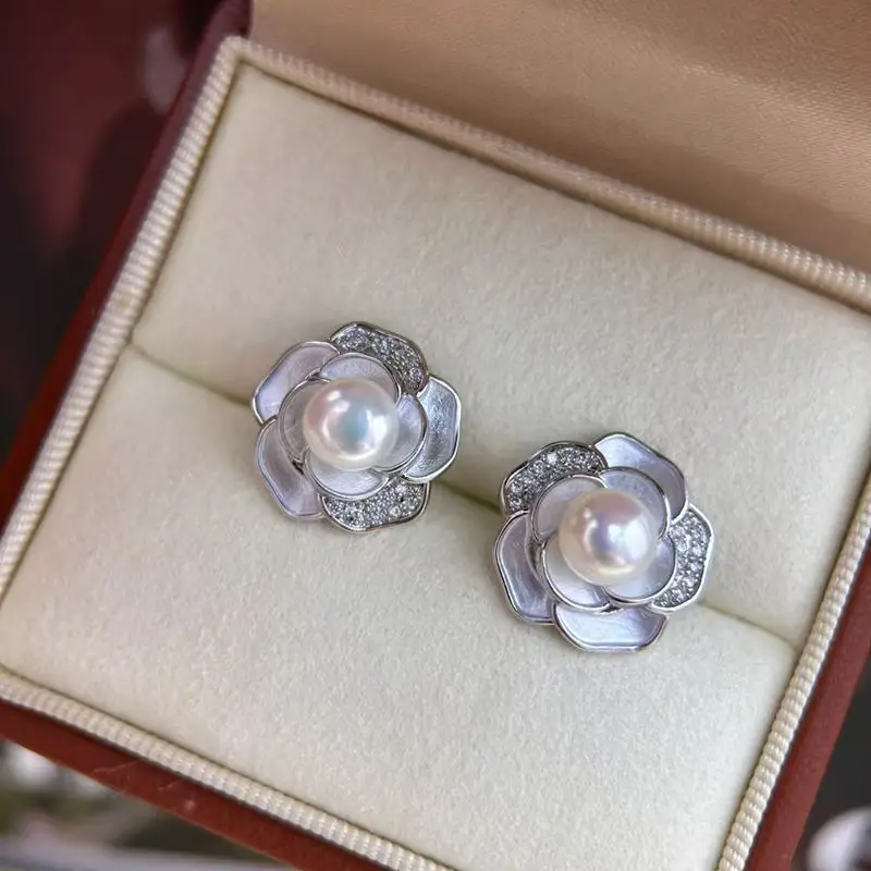 Natural Pearl Earrings S925 Sterling Silver White Camellia High-End — feature 12
