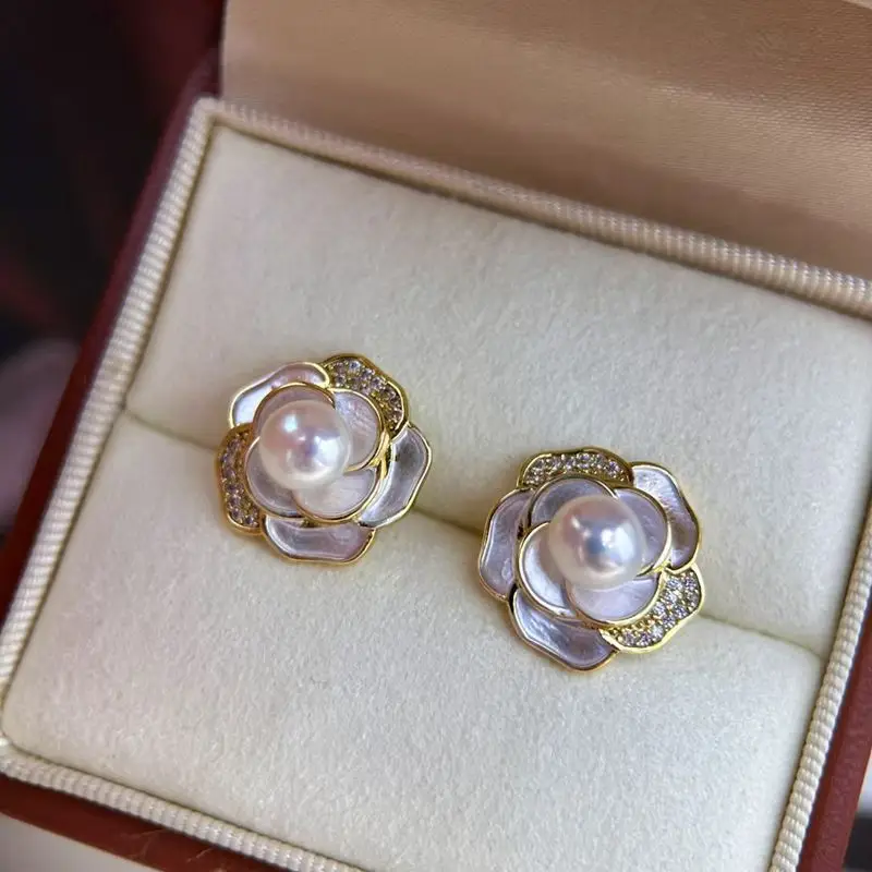 Natural Pearl Earrings S925 Sterling Silver White Camellia High-End — feature 13