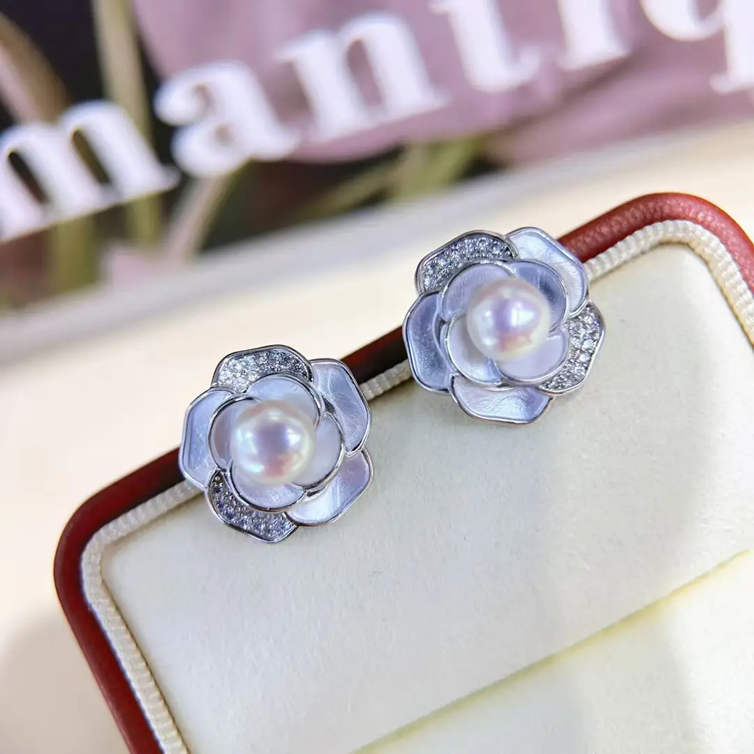 Natural Pearl Earrings S925 Sterling Silver White Camellia High-End — feature 4