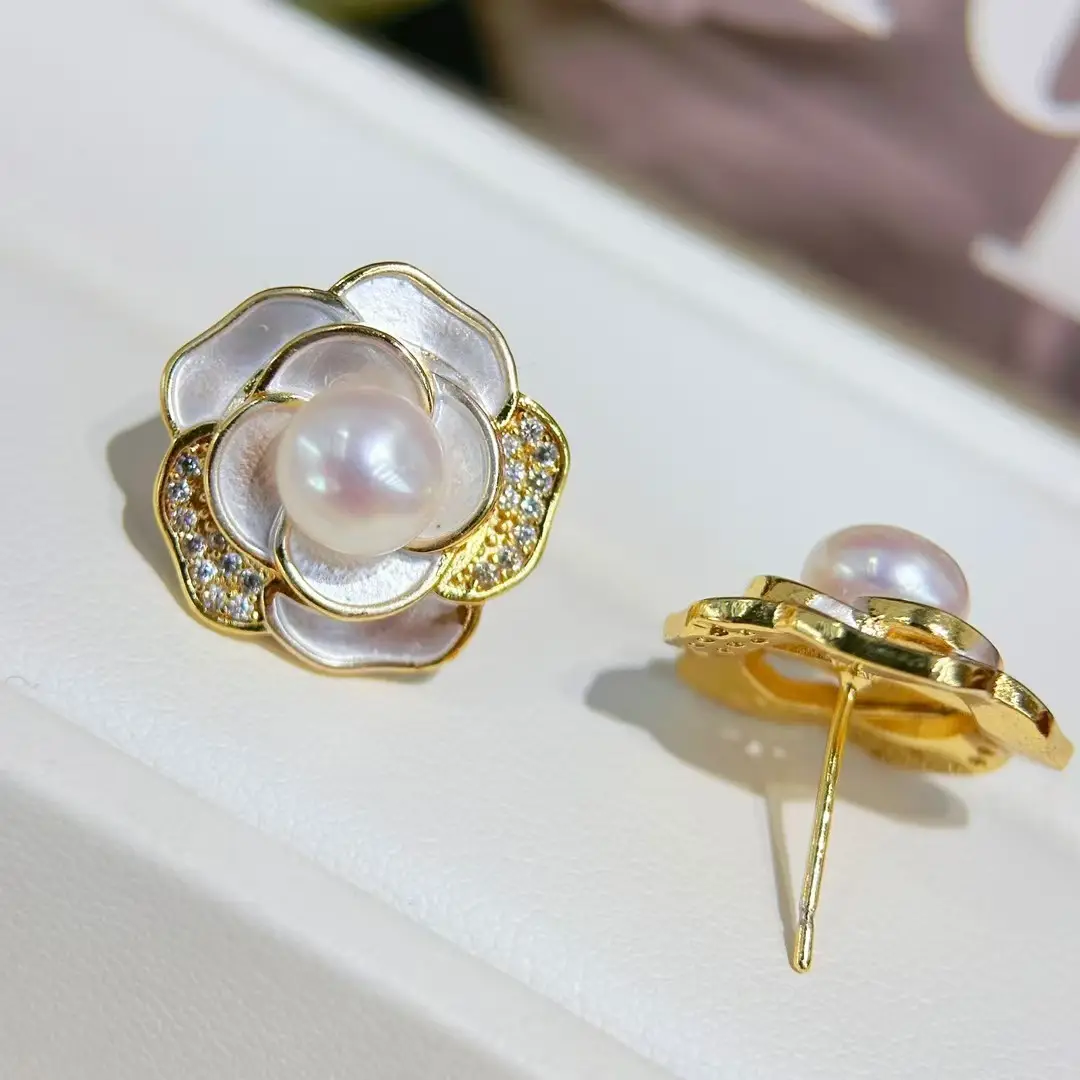Natural Pearl Earrings S925 Sterling Silver White Camellia High-End — feature 5
