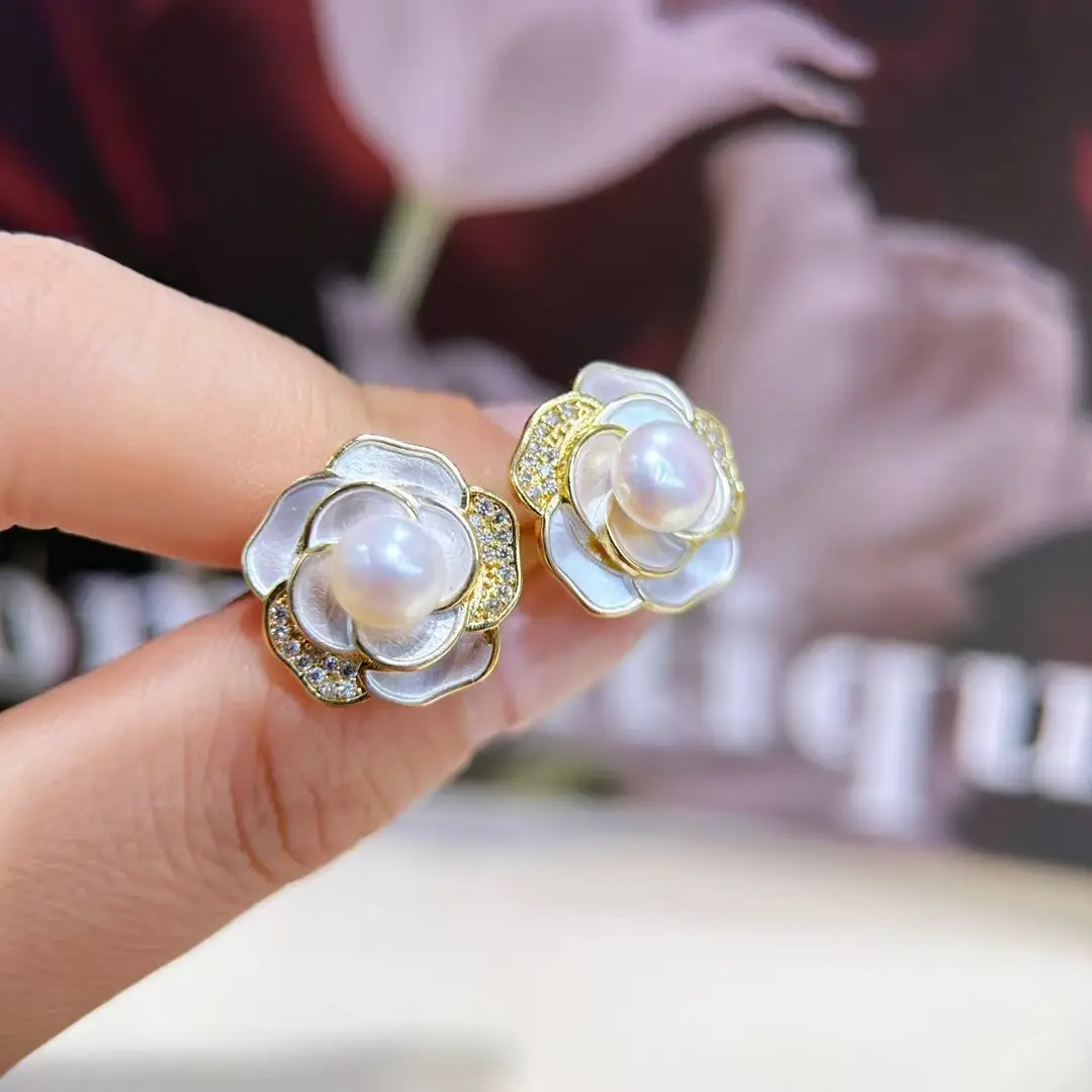 Natural Pearl Earrings S925 Sterling Silver White Camellia High-End — feature 6