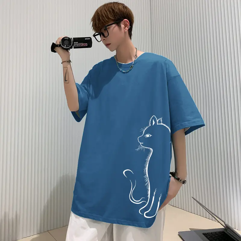 Men Pure Cotton Cat Print T-Shirt Turquoise Short Sleeve - Image 7