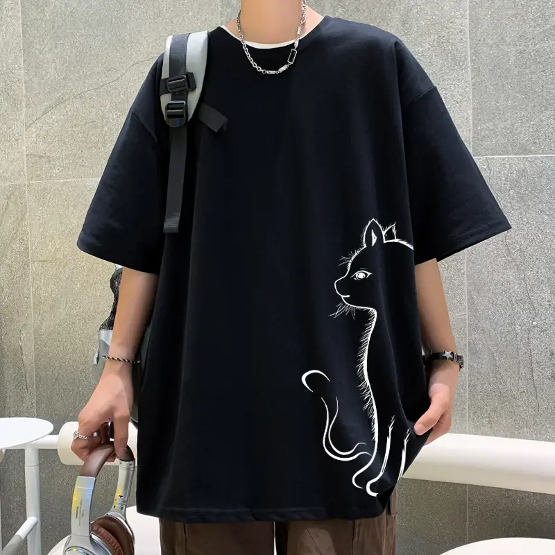Men Pure Cotton Cat Print T-Shirt Turquoise Short Sleeve - Image 9