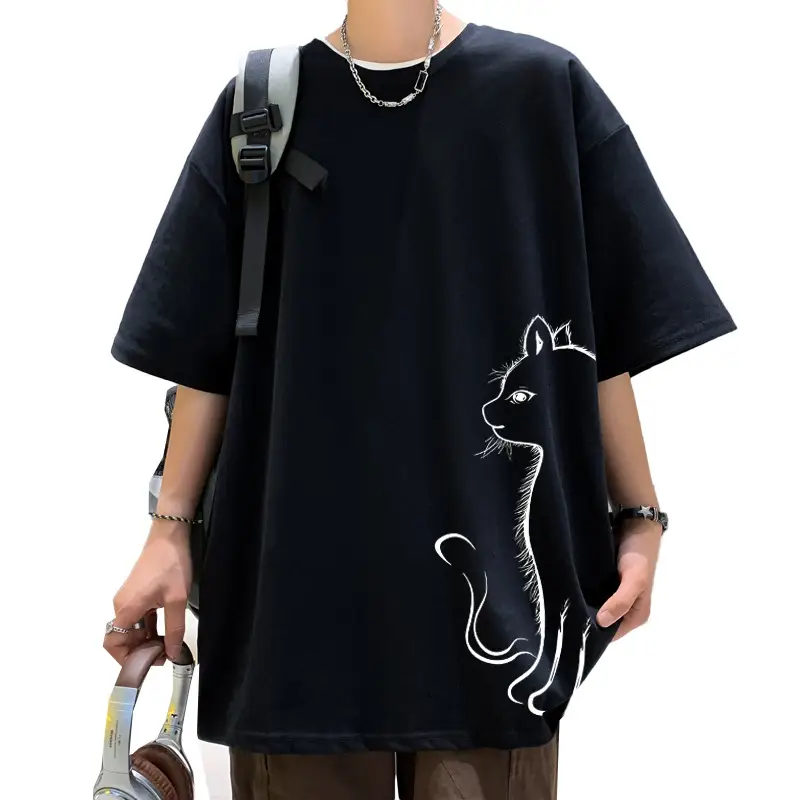 Men Pure Cotton Cat Print T-Shirt Turquoise Short Sleeve - Image 11
