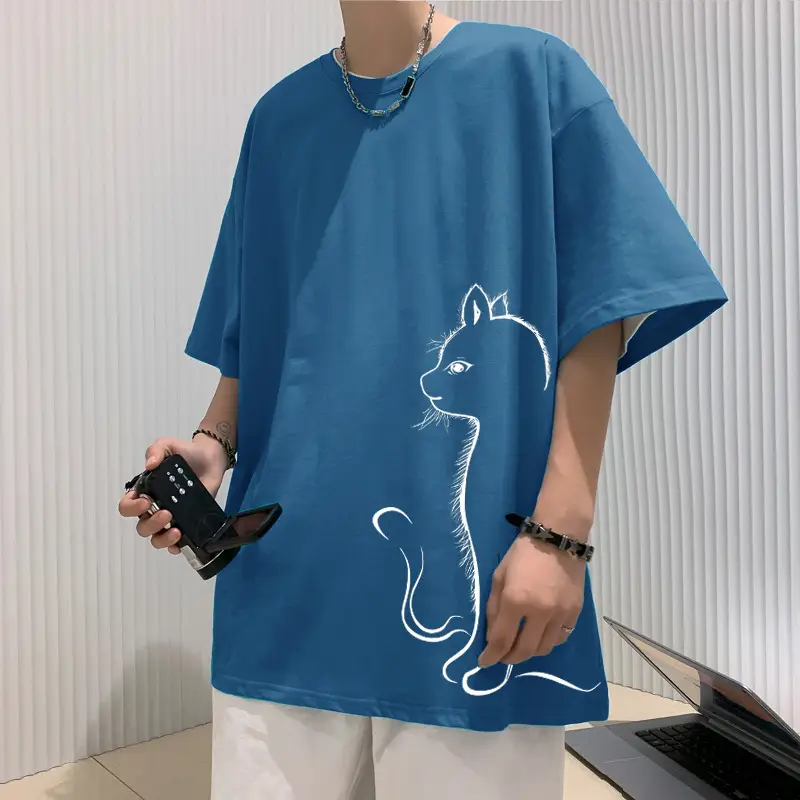 Men Pure Cotton Cat Print T-Shirt Turquoise Short Sleeve — feature 10