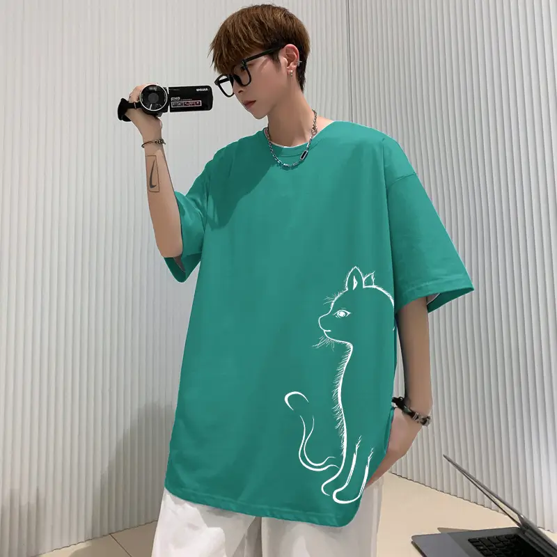 Men Pure Cotton Cat Print T-Shirt Turquoise Short Sleeve — feature 11
