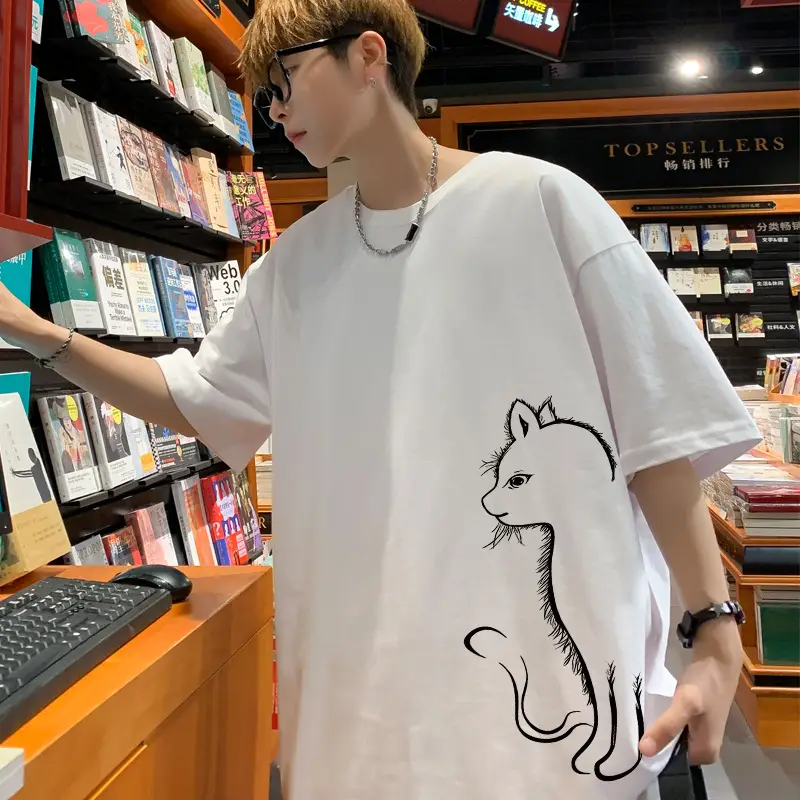 Men Pure Cotton Cat Print T-Shirt Turquoise Short Sleeve — feature 14