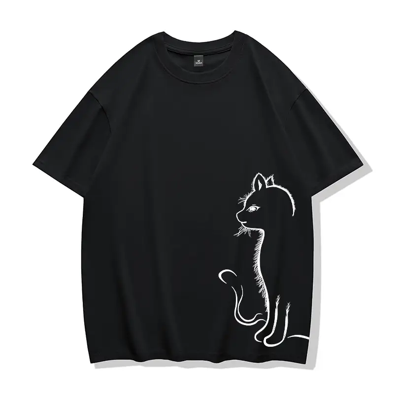 Men Pure Cotton Cat Print T-Shirt Turquoise Short Sleeve - Image 2