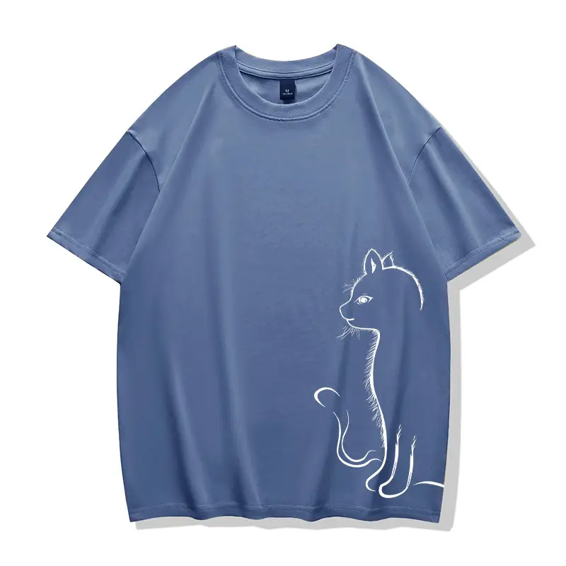 Men Pure Cotton Cat Print T-Shirt Turquoise Short Sleeve - Image 3