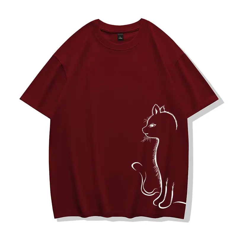 Men Pure Cotton Cat Print T-Shirt Turquoise Short Sleeve - Image 4