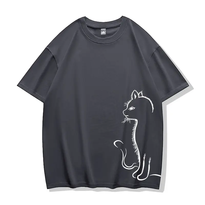 Men Pure Cotton Cat Print T-Shirt Turquoise Short Sleeve - Image 5