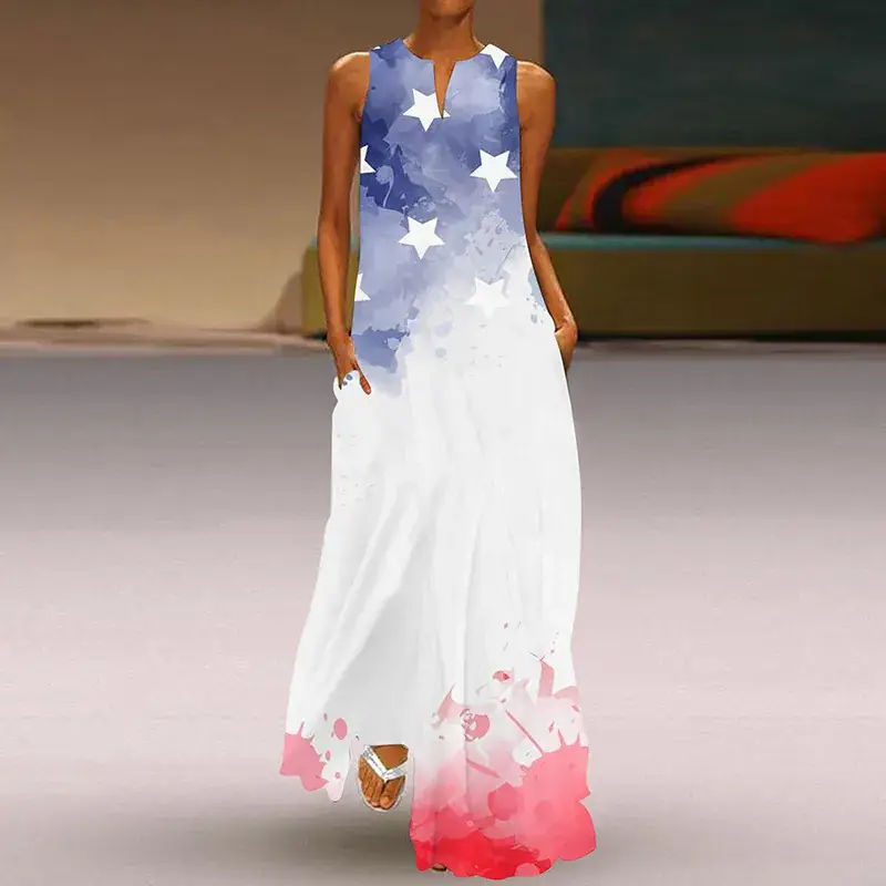 2024 V-Neck Printed Long Skirt Dress for Women - Image 3