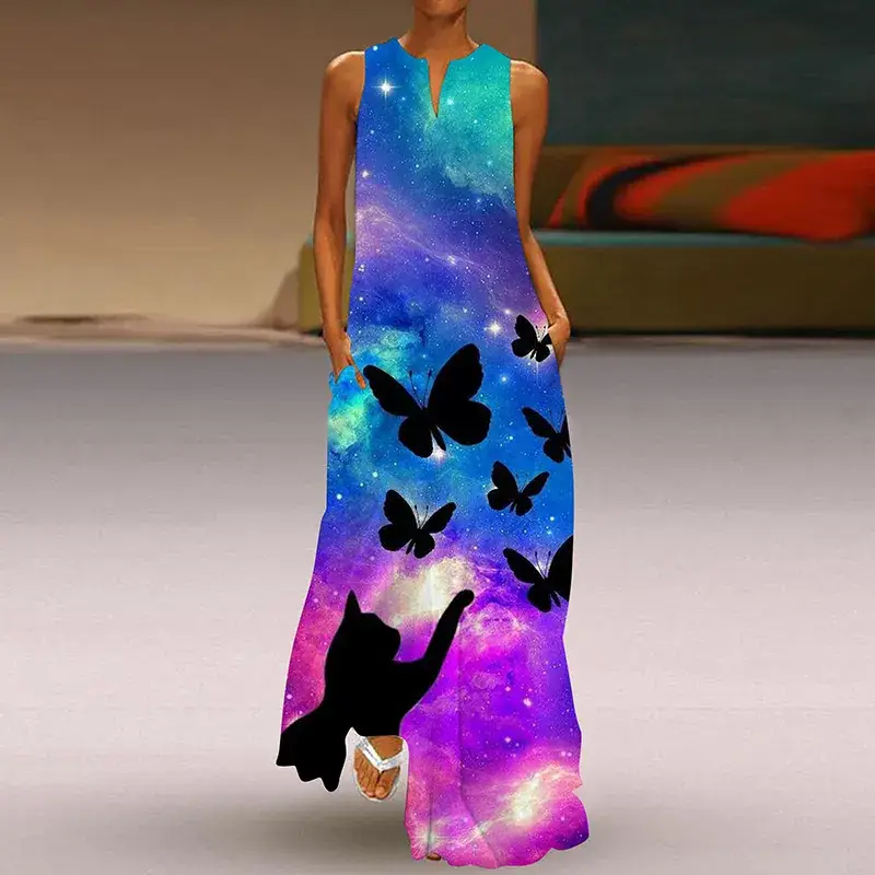 2024 V-Neck Printed Long Skirt Dress for Women - Image 5