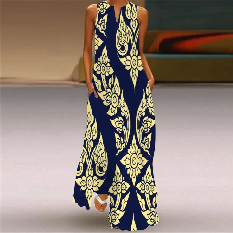 2024 V-Neck Printed Long Skirt Dress for Women - Image 8