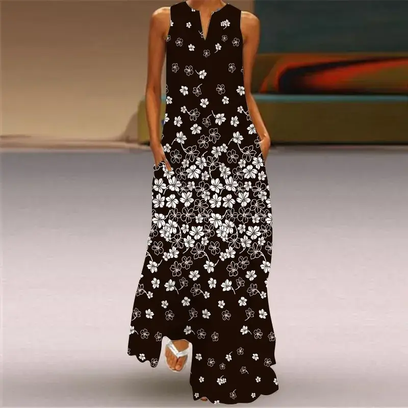 2024 V-Neck Printed Long Skirt Dress for Women - Image 9