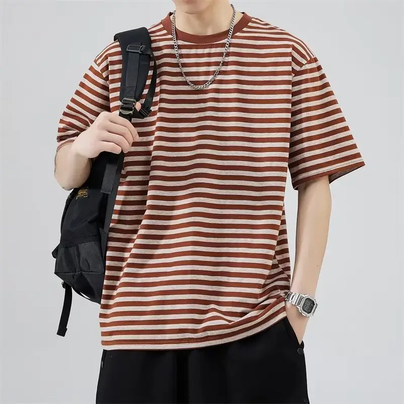 Men Striped Cotton T-shirt Black White Casual Wear - Image 3