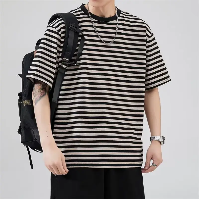 Men Striped Cotton T-shirt Black White Casual Wear - Image 2