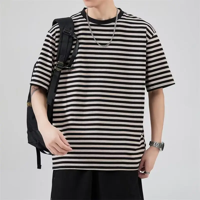 Men Striped Cotton T-shirt Black White Casual Wear - Image 4