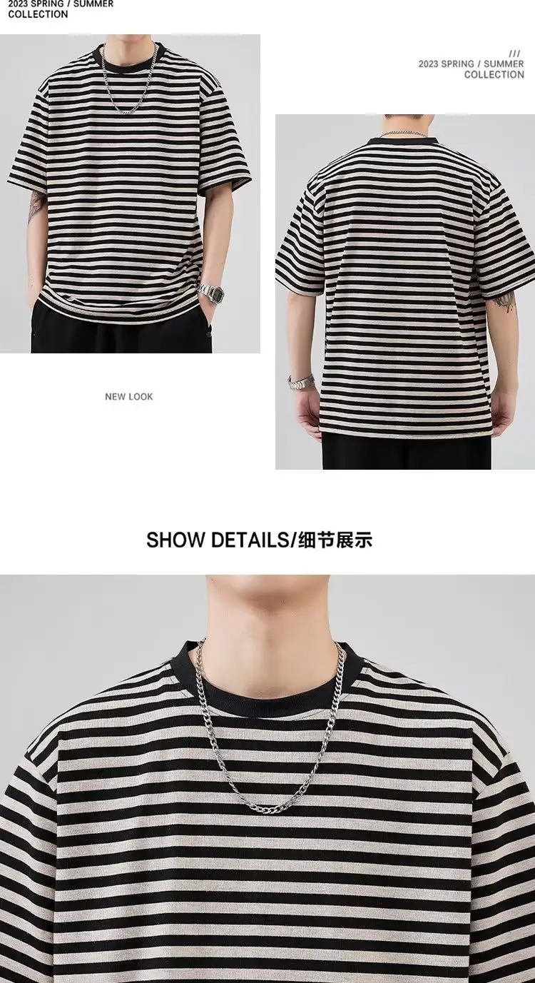 Men Striped Cotton T-shirt Black White Casual Wear — feature 10