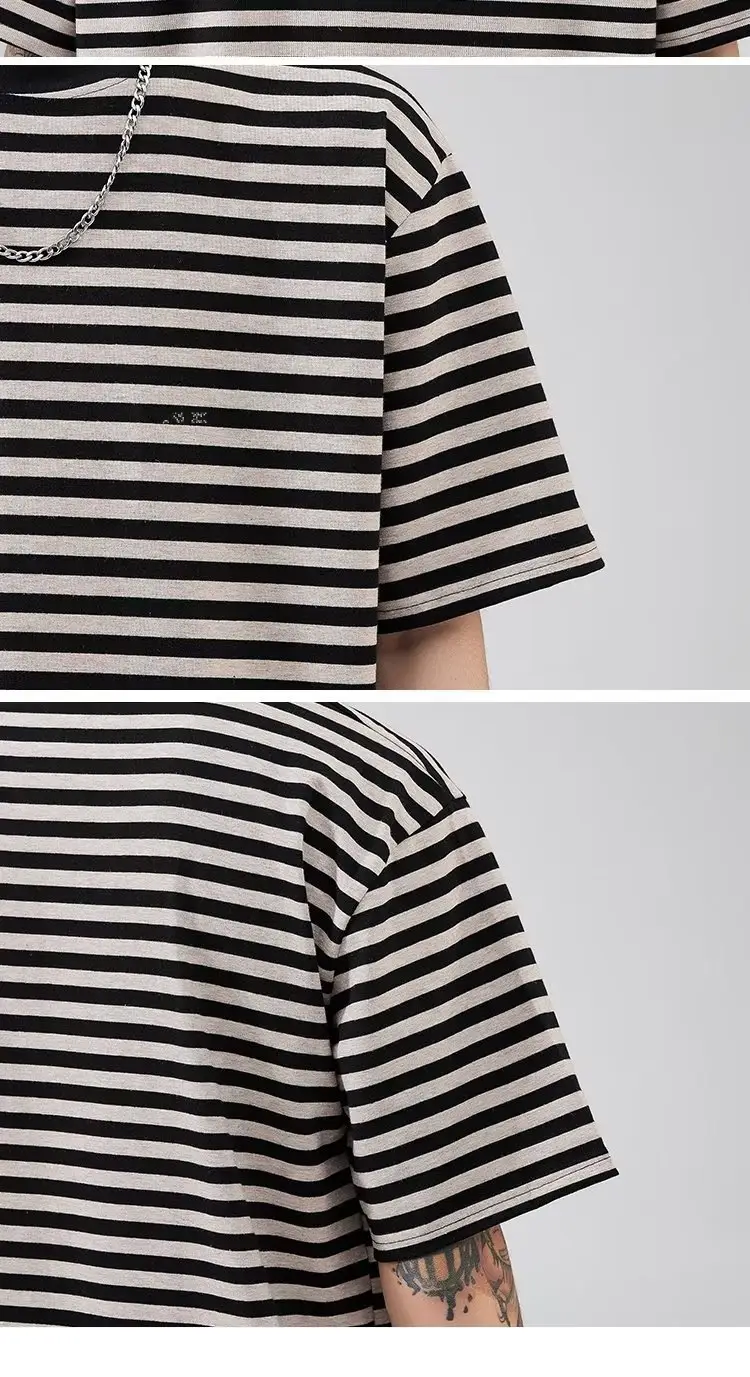 Men Striped Cotton T-shirt Black White Casual Wear — feature 11