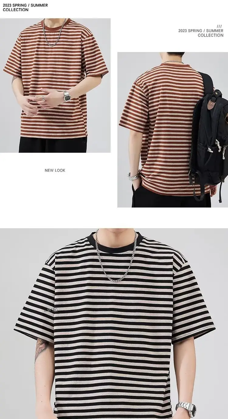 Men Striped Cotton T-shirt Black White Casual Wear — feature 7