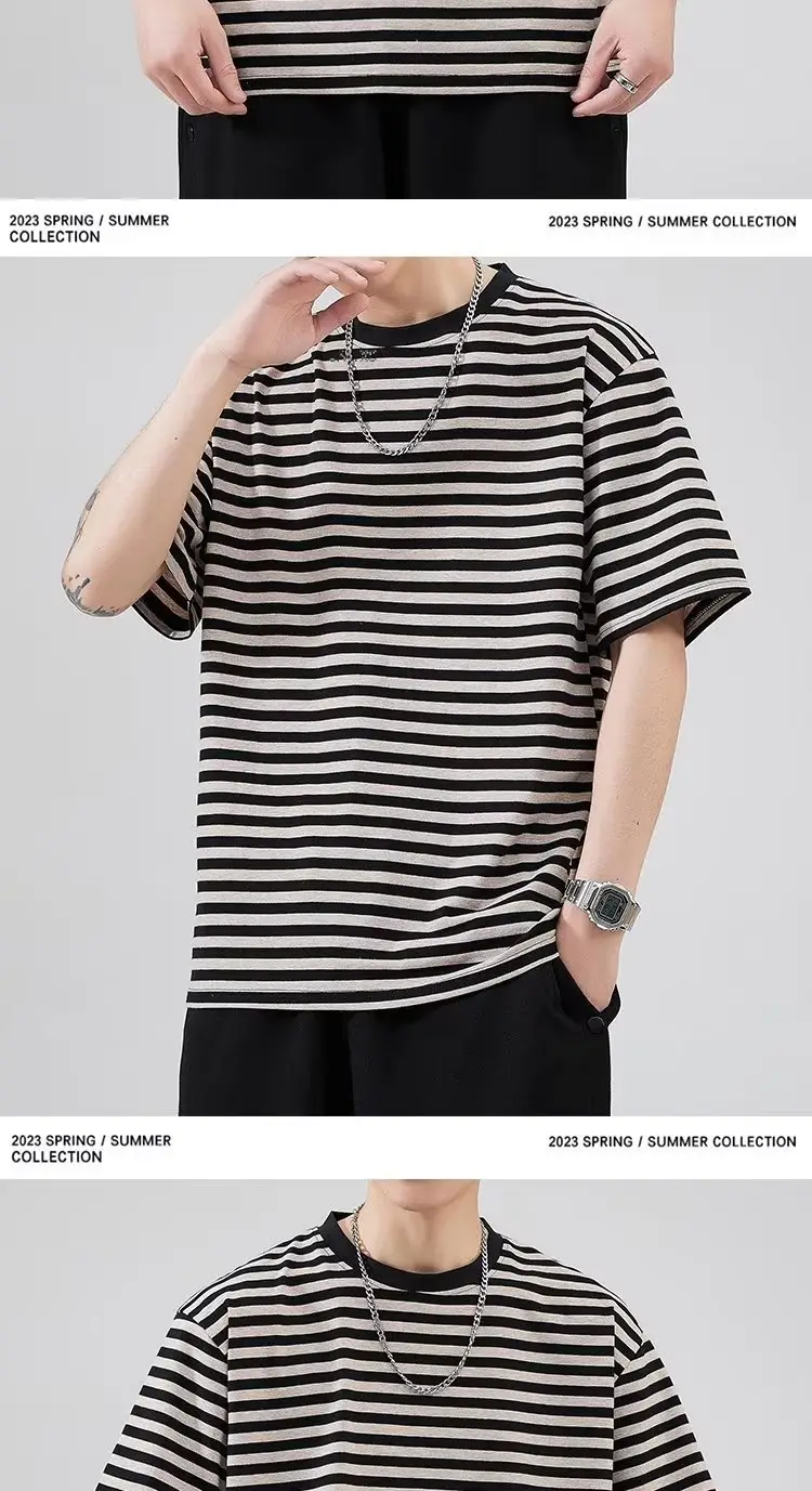 Men Striped Cotton T-shirt Black White Casual Wear — feature 8