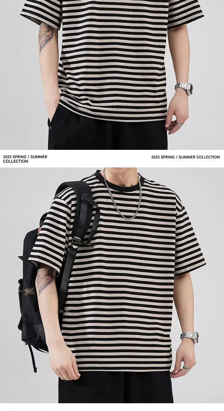 Men Striped Cotton T-shirt Black White Casual Wear — feature 9