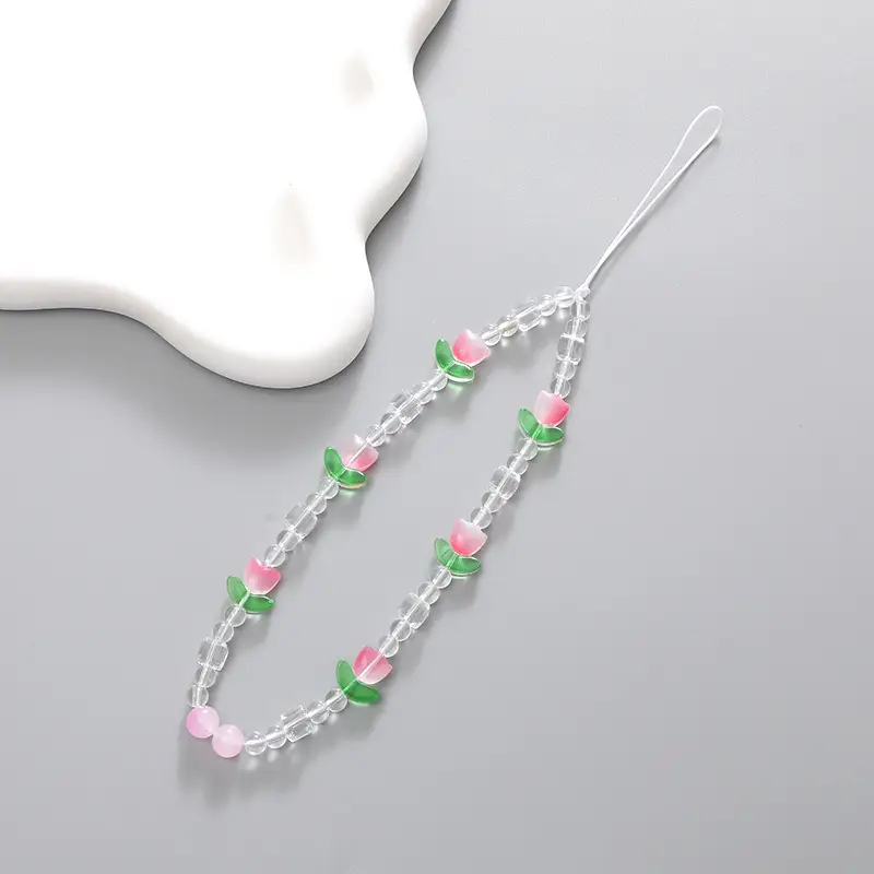 Crystal Tulip Mobile Phone Chain Pink Anti-Lost Wrist Band - Image 2