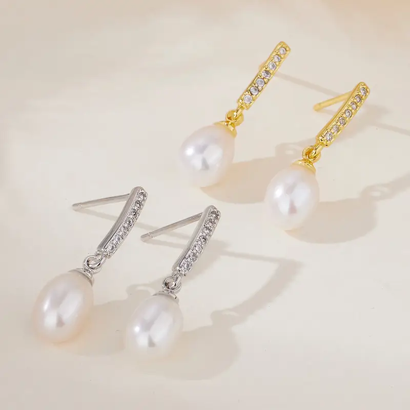 Natural Pearl Earrings with Zircon & Rice Beads for Women