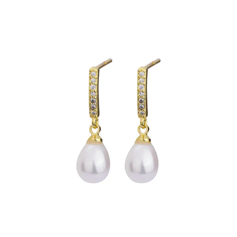 Natural Pearl Earrings with Zircon & Rice Beads for Women