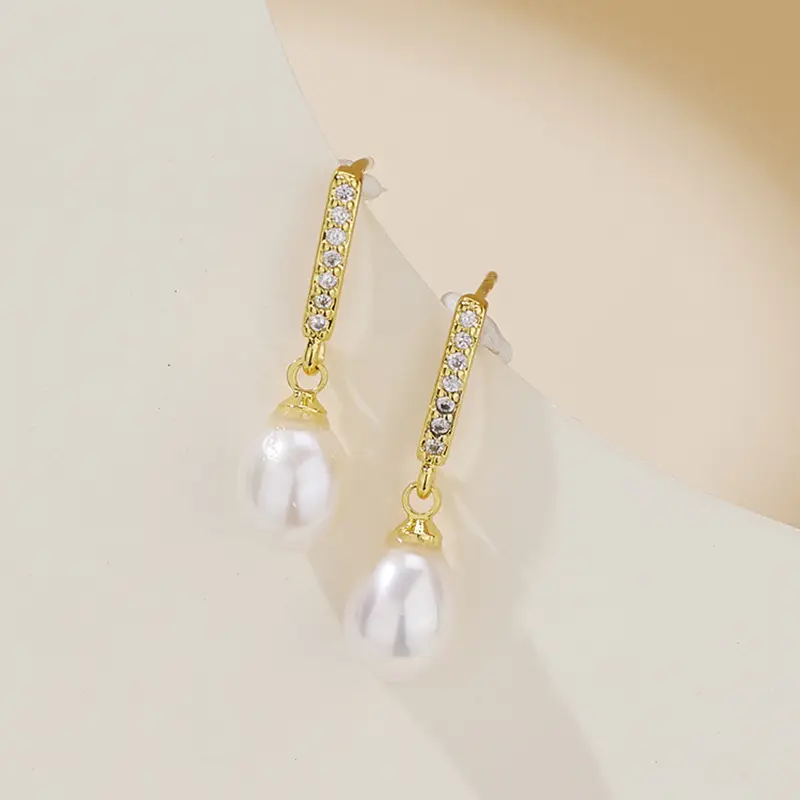 Natural Pearl Earrings with Zircon & Rice Beads for Women