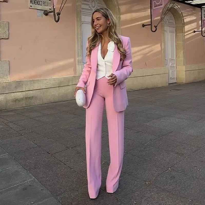 Pink High Waist Loose Pants Suit 2729187