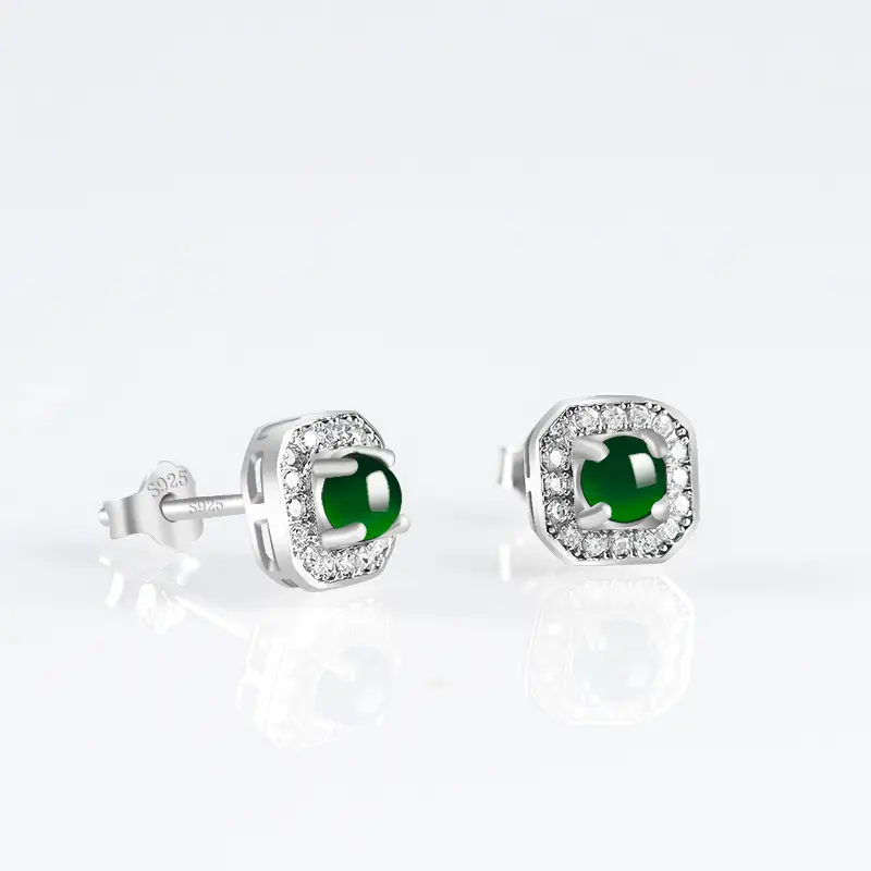 Natural Jade Square Earrings S925 Silver Inlay - Image 2