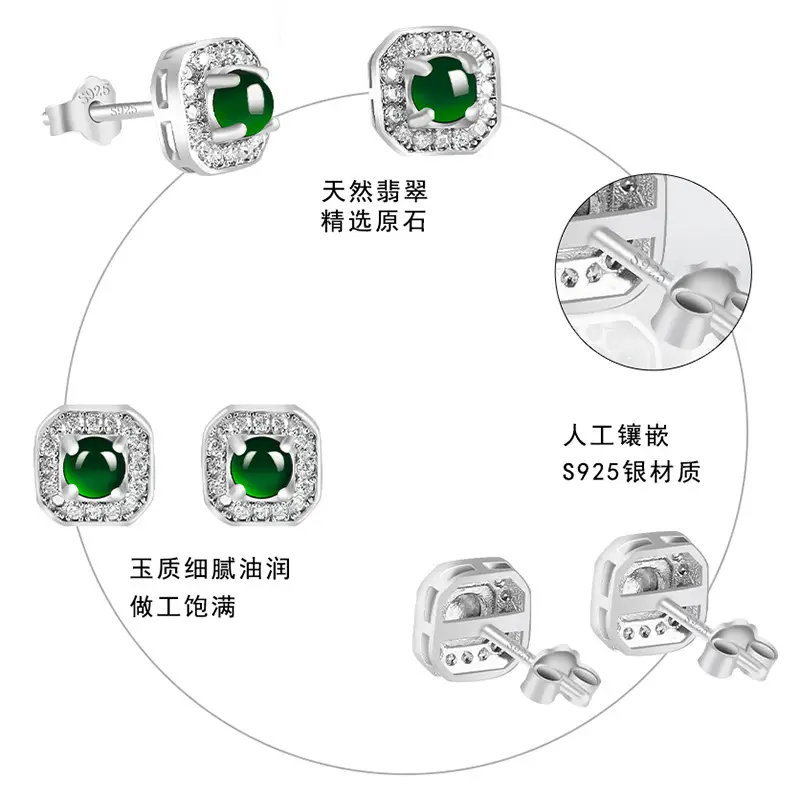 Natural Jade Square Earrings S925 Silver Inlay - Image 3