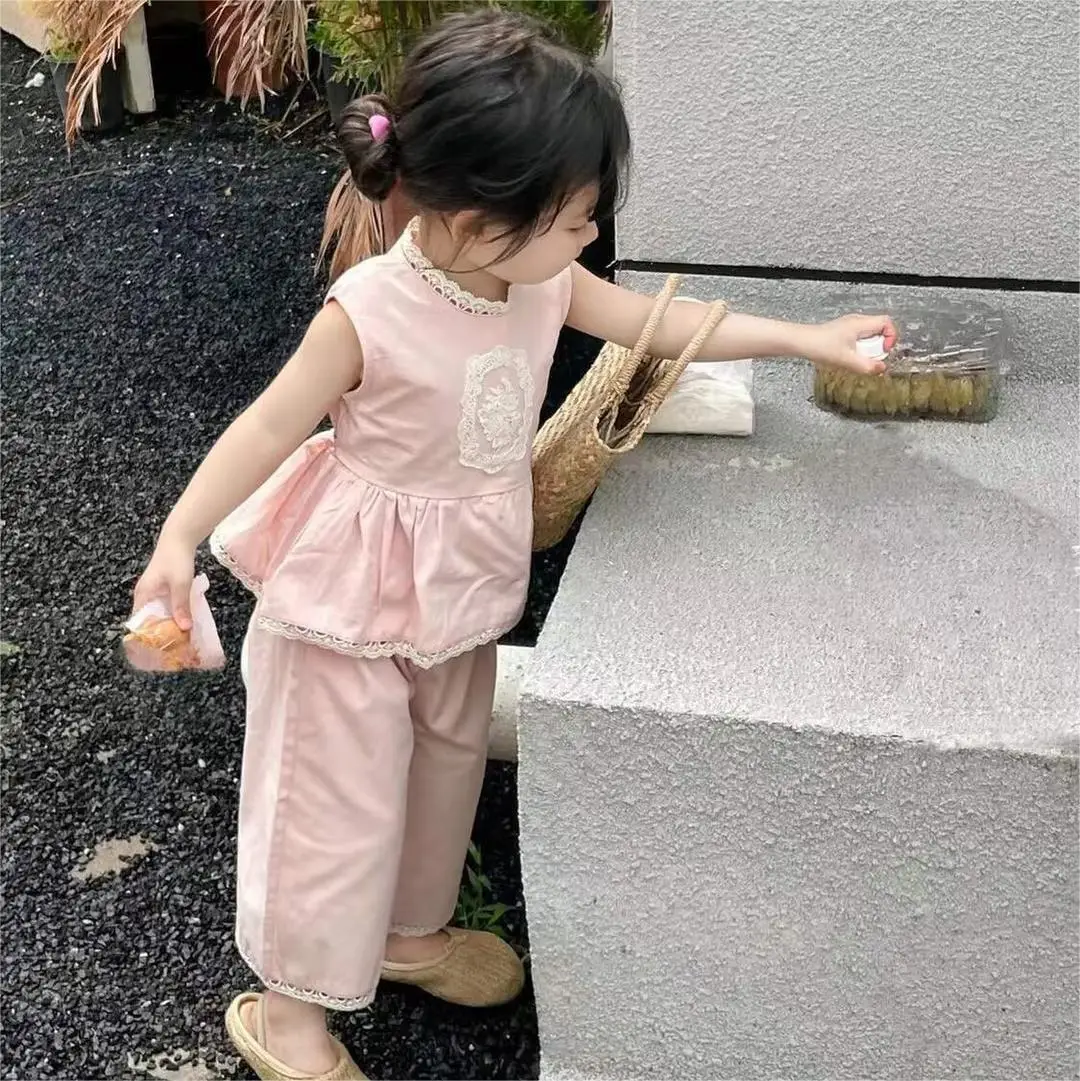 South Korea Girls Sweet Pink 2-Piece Suit Baby Lace Sleeveless — feature 9