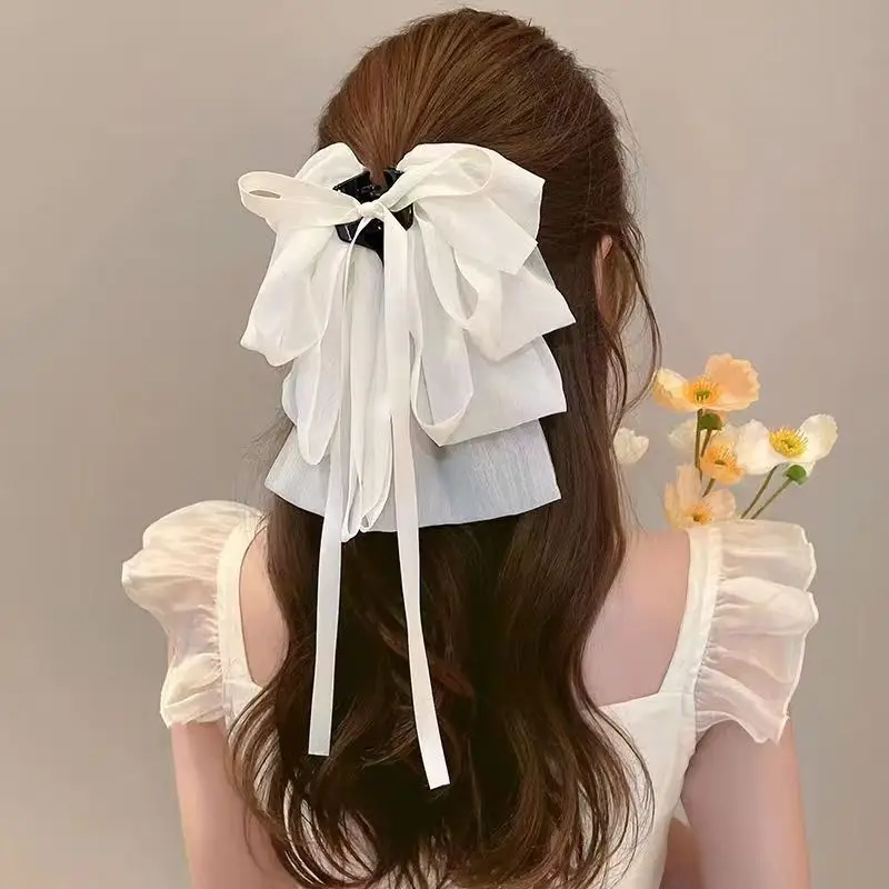 French Style Chiffon Hairpin with White Ribbon