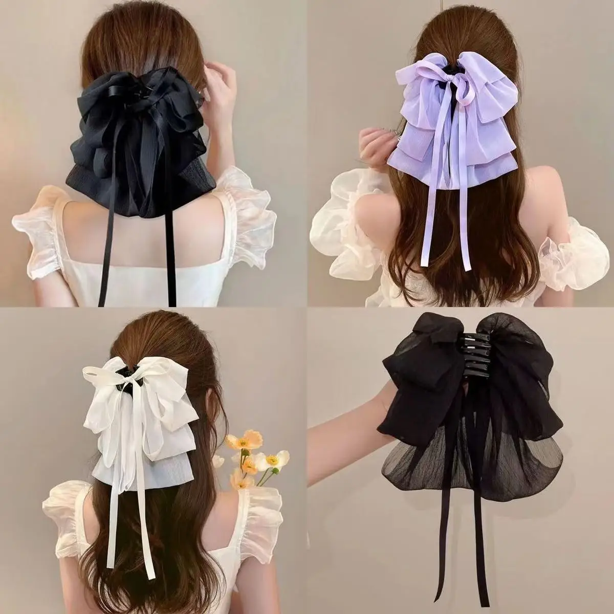 French Style Chiffon Hairpin with White Ribbon — feature 2