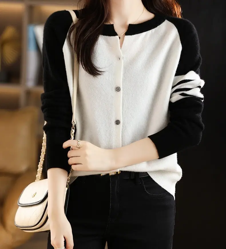 Plus-Size Women's White Black Cardigan Long Sleeve Sweater 2025 — feature 10