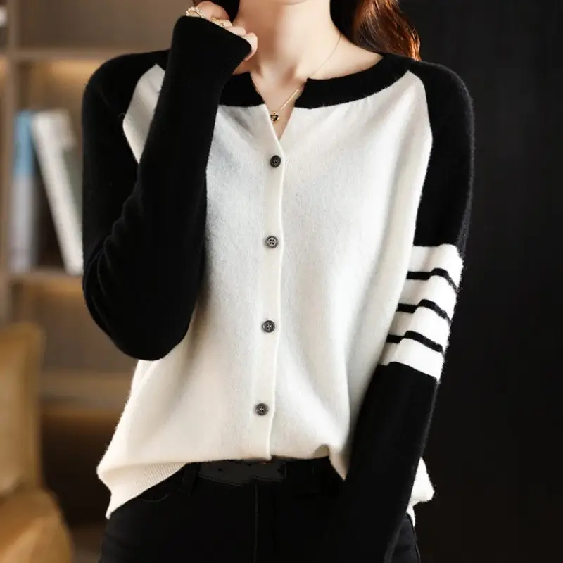 Plus-Size Women's White Black Cardigan Long Sleeve Sweater 2025 — feature 12