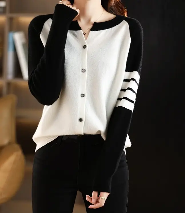 Plus-Size Women's White Black Cardigan Long Sleeve Sweater 2025 — feature 9