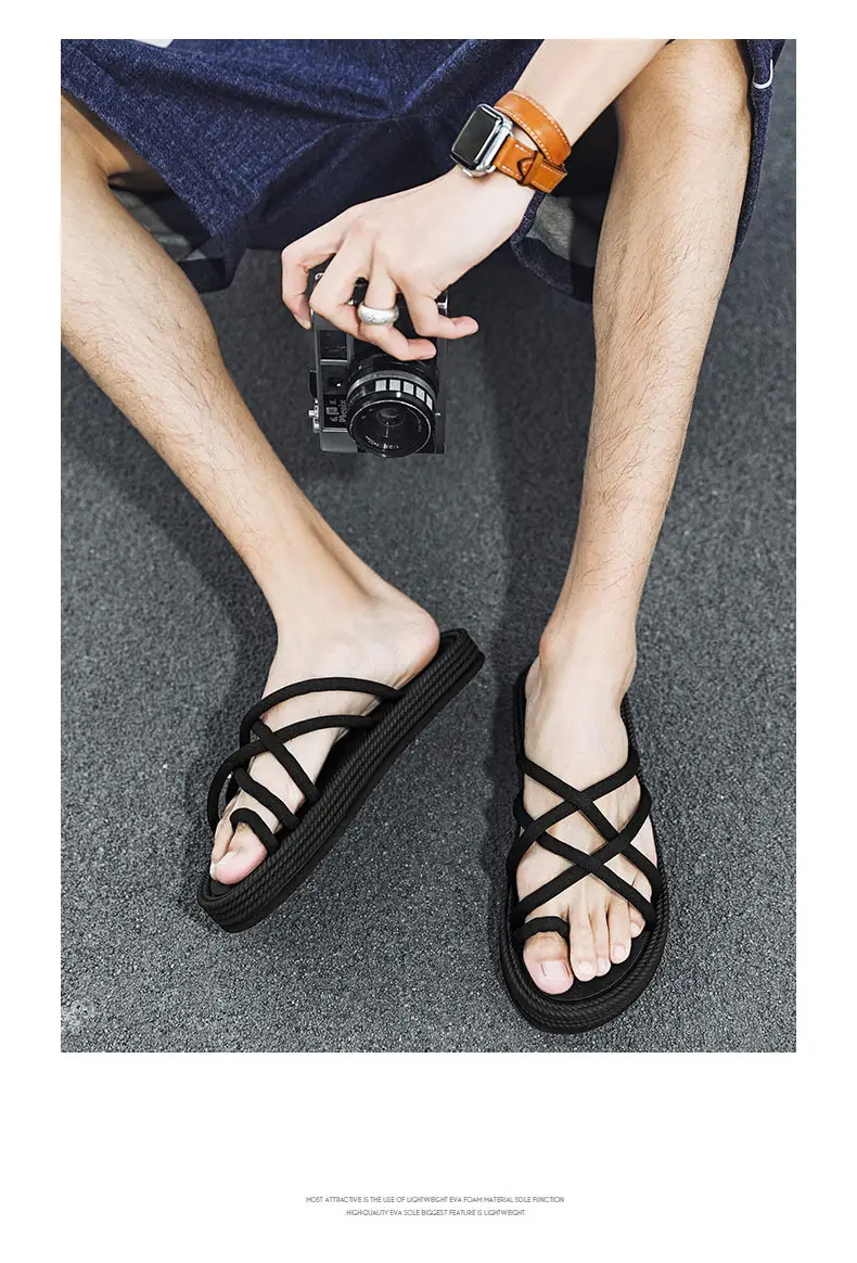 Men Braided Rope Flip-Flops Black Casual Outdoor Sandals — feature 13