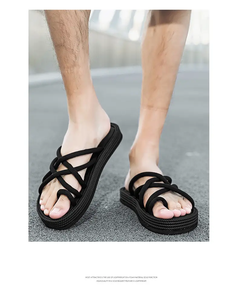Men Braided Rope Flip-Flops Black Casual Outdoor Sandals — feature 15