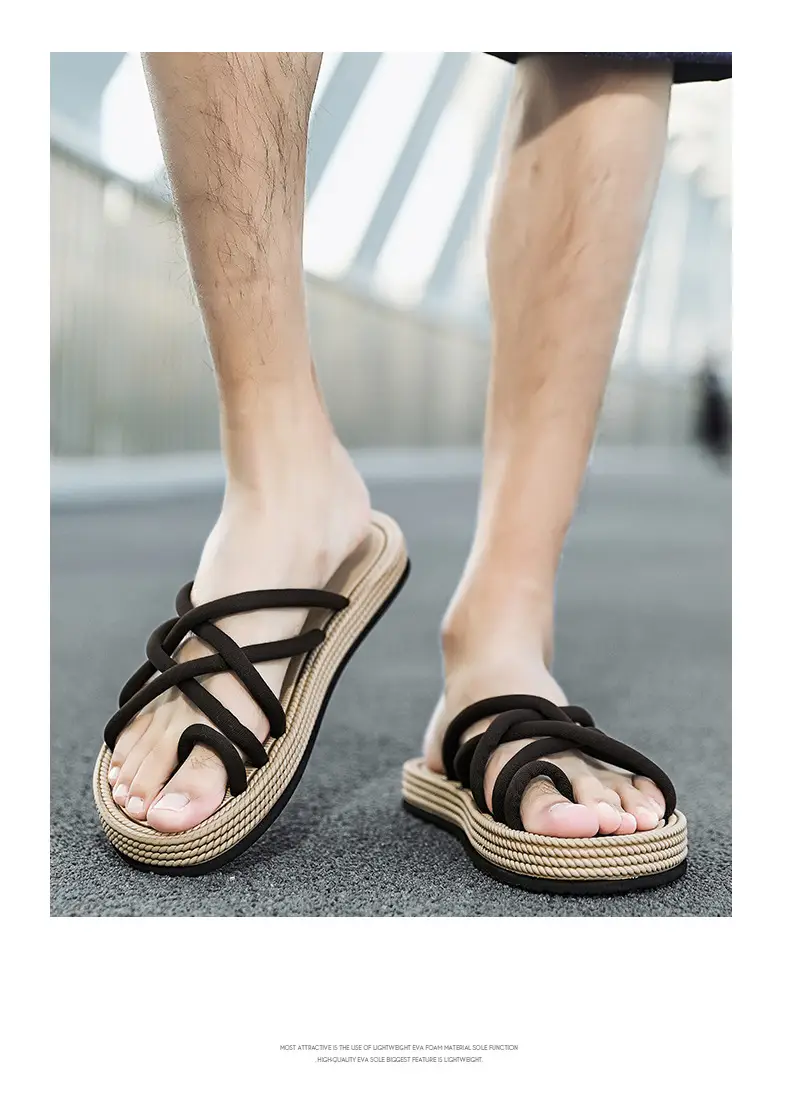 Men Braided Rope Flip-Flops Black Casual Outdoor Sandals — feature 20