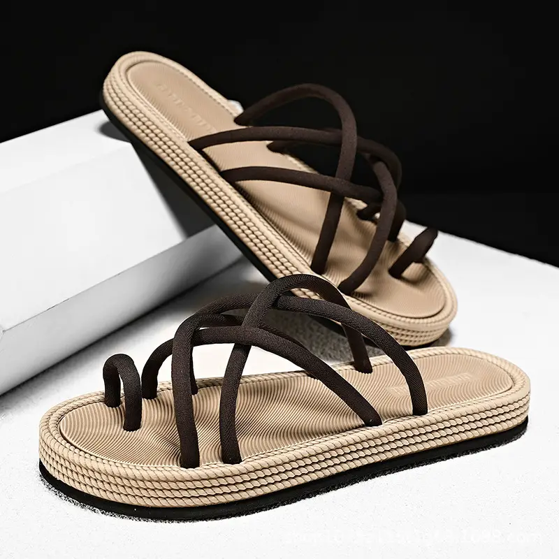 Men Braided Rope Flip-Flops Black Casual Outdoor Sandals