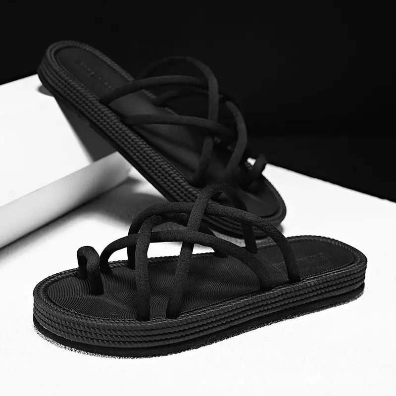 Men Braided Rope Flip-Flops Black Casual Outdoor Sandals